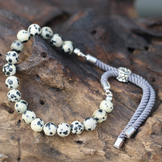 925 Silver Plated Charcoal String Bracelet; Dalmatian Jasper