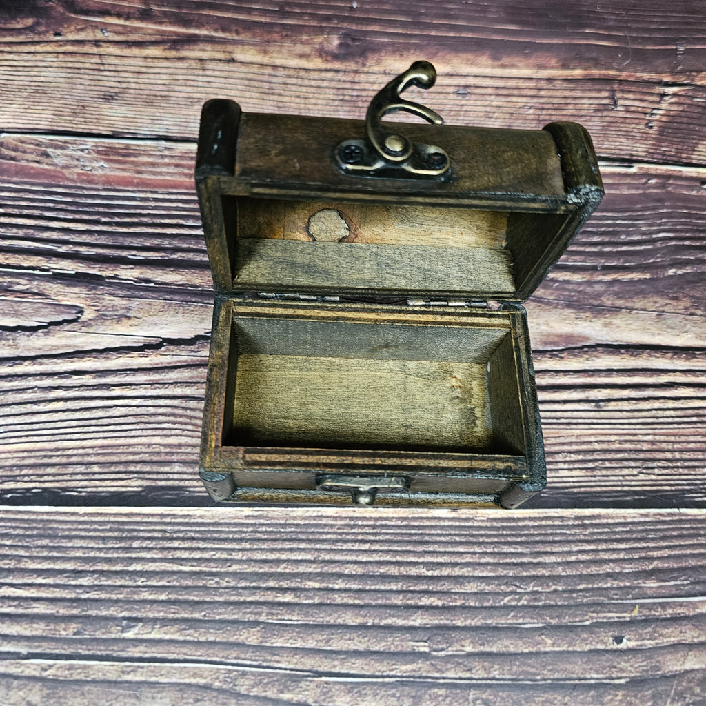 An open and empty small brown "treasure chest"