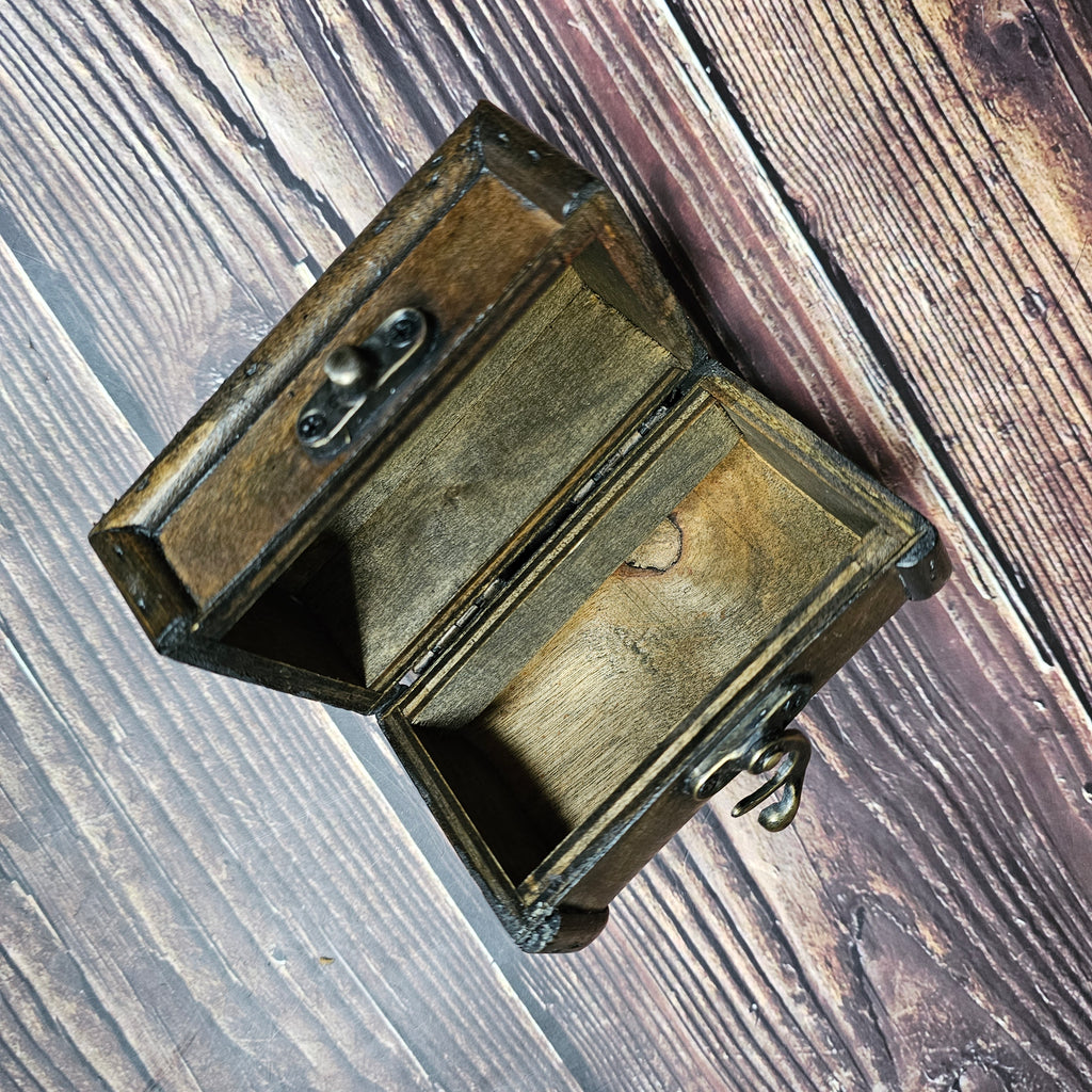 An open and empty small brown "treasure chest"