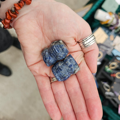 A person holding two sodalite crystal carvings shaped like owls, with medium to dark blue coloring and white veins.