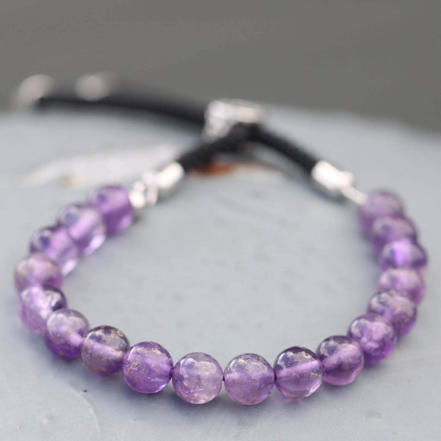 925 Silver Plated Black String Bracelet; Amethyst