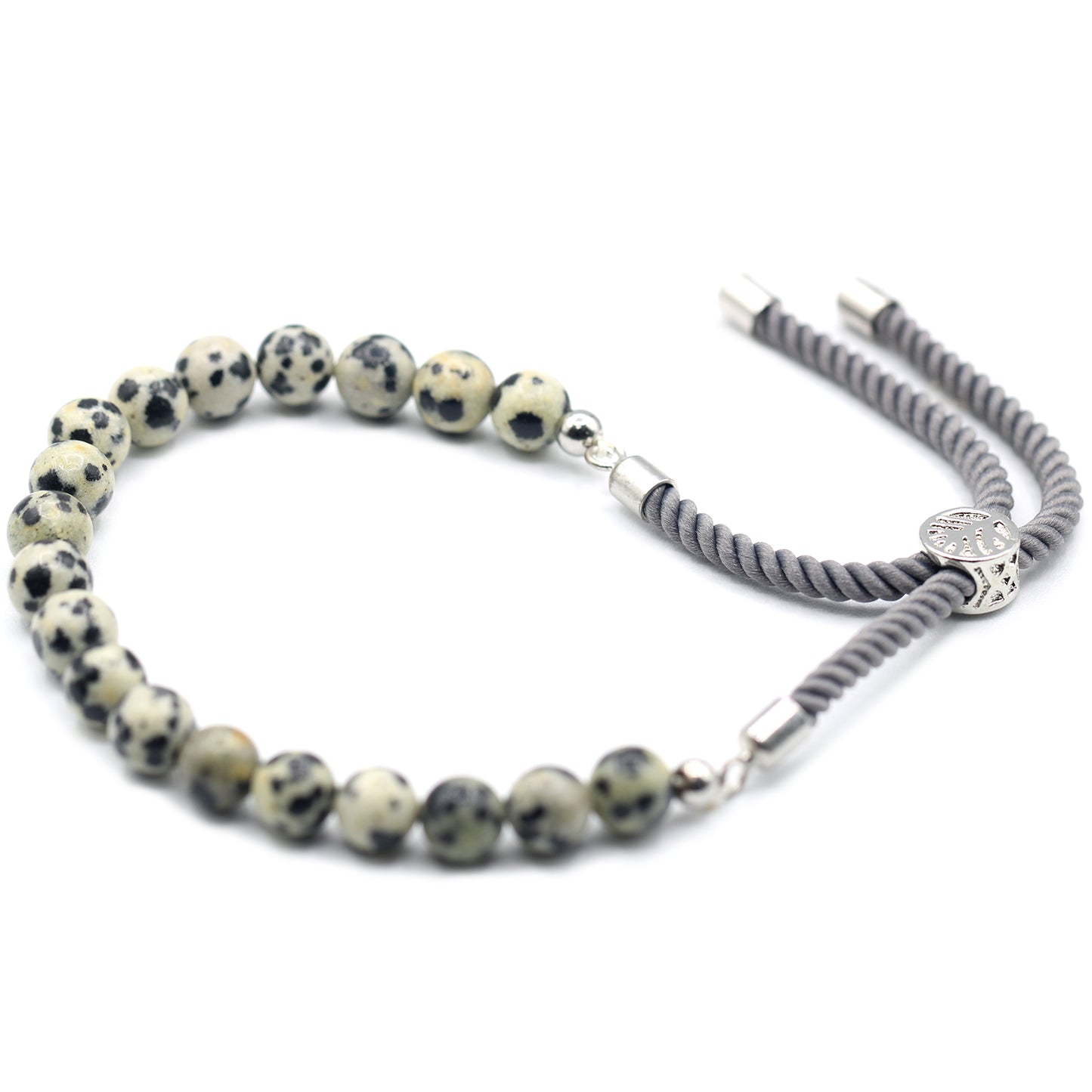 925 Silver Plated Charcoal String Bracelet; Dalmatian Jasper