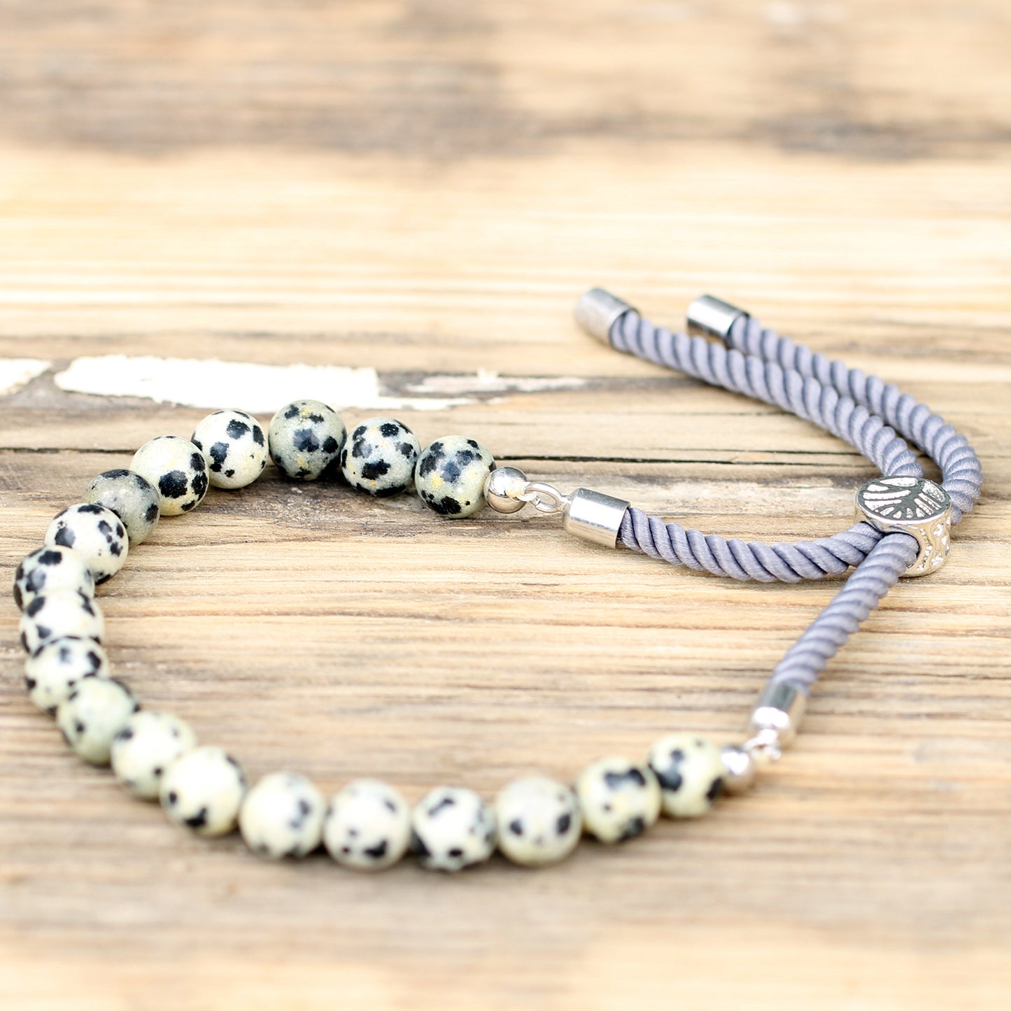 925 Silver Plated Charcoal String Bracelet; Dalmatian Jasper