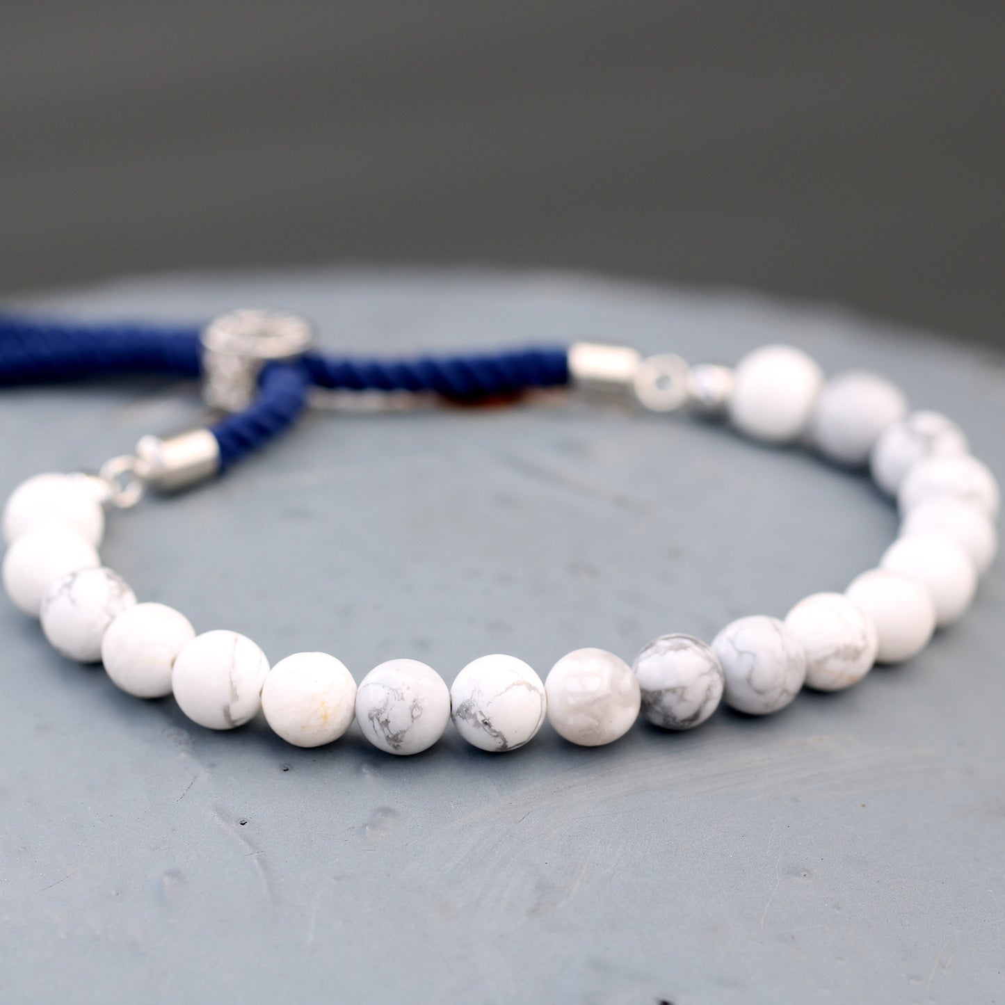 925 Silver Plated Navy String Bracelet; White Howlite