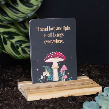 Dark forest themed affirmation cards with wooden stand featuring moon phases. Card pictured states "I send love and light to all beings everywhere."