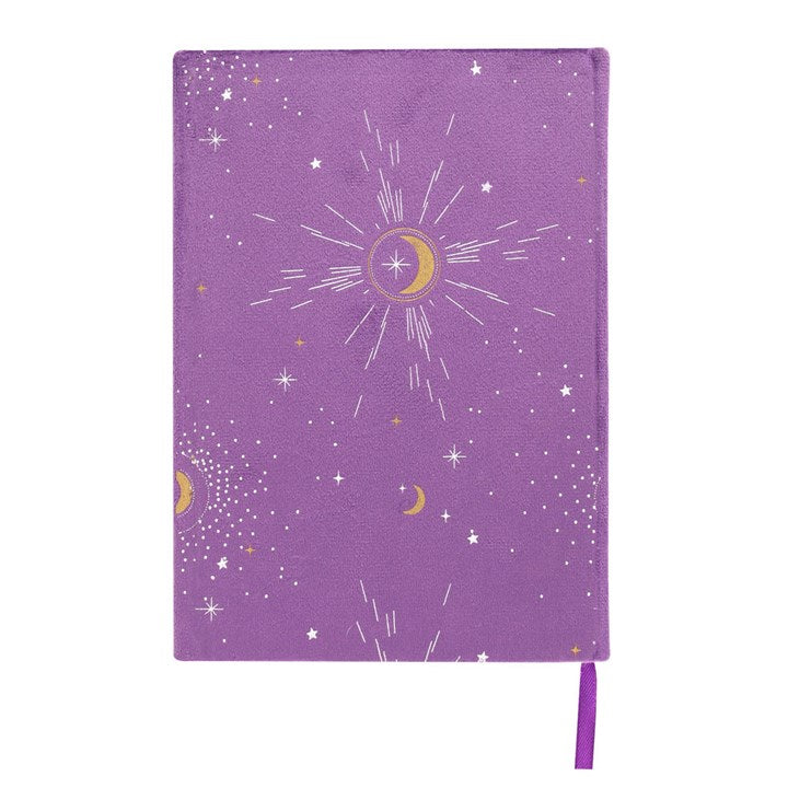 The back of a purple A5 notebook with gold and silver detail