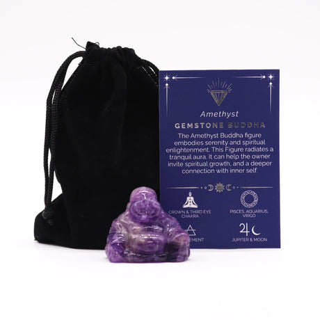 A purple Amethyst Buddha figure next to a black drawstring bag with a card that has 'Amethyst Buddha' written on it and various symbols related to spiritual growth.