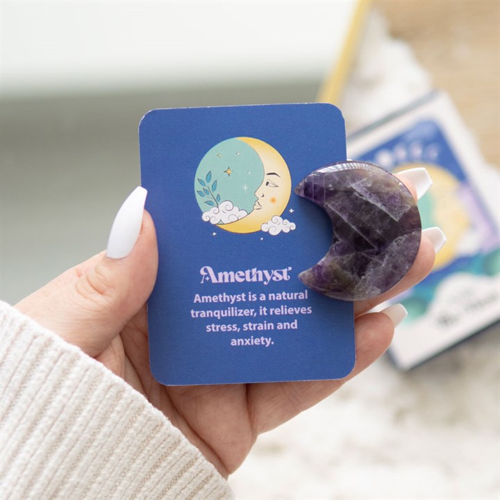An amethyst crystal moon keepsake stone and matching card