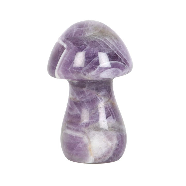 An Amethyst mushroom crystal on a white background