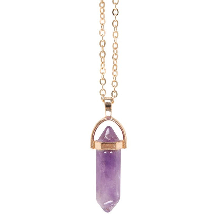 An Amethyst double pointed necklace with gold tones. 