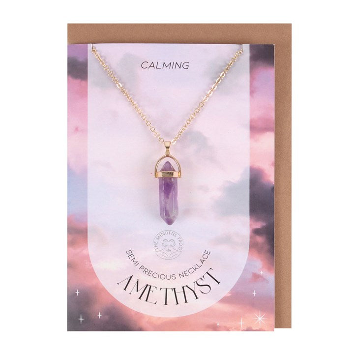 An Amethyst Necklace card and envelope set on a white background. 