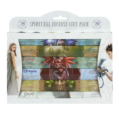 A Spiritual Incense Gift Pack with various colours and themes such as fairies, a green man and dragons placed against a white background