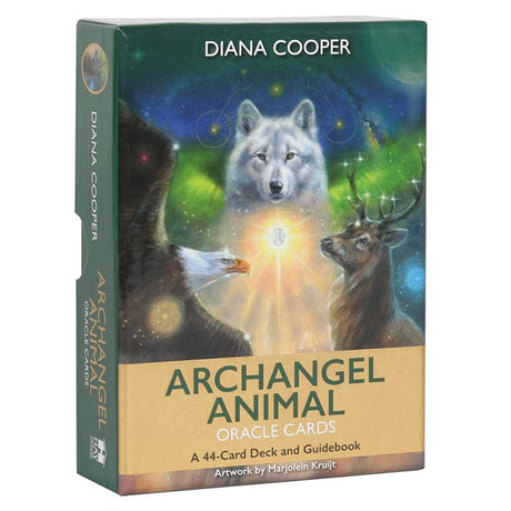 A boxed set of "Archangel Animal" oracle cards by Diana Cooper. Artwork by Marjolein Kruijt. Image includes a wolf, an eagle and a deer.