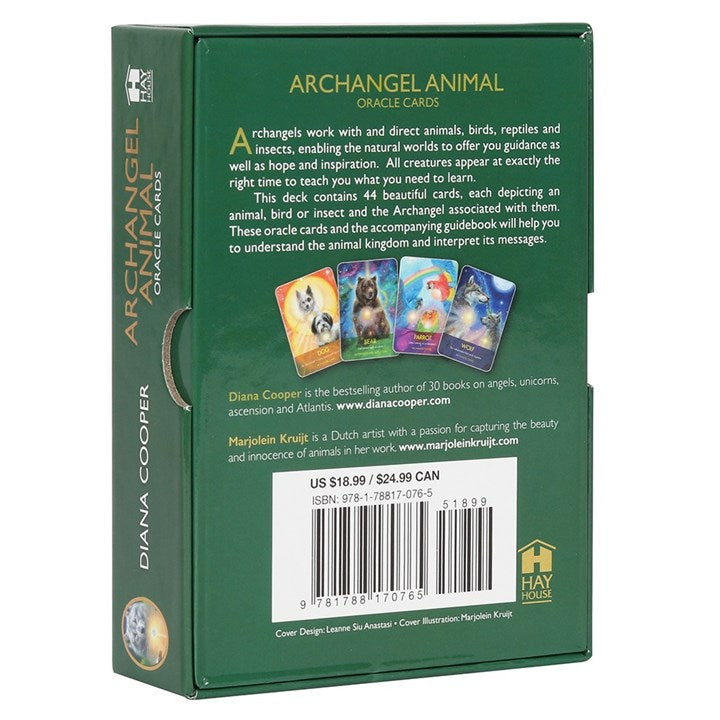 The back of a green boxed set of "Archangel Animal" oracle cards. Includes a description and card samples. 