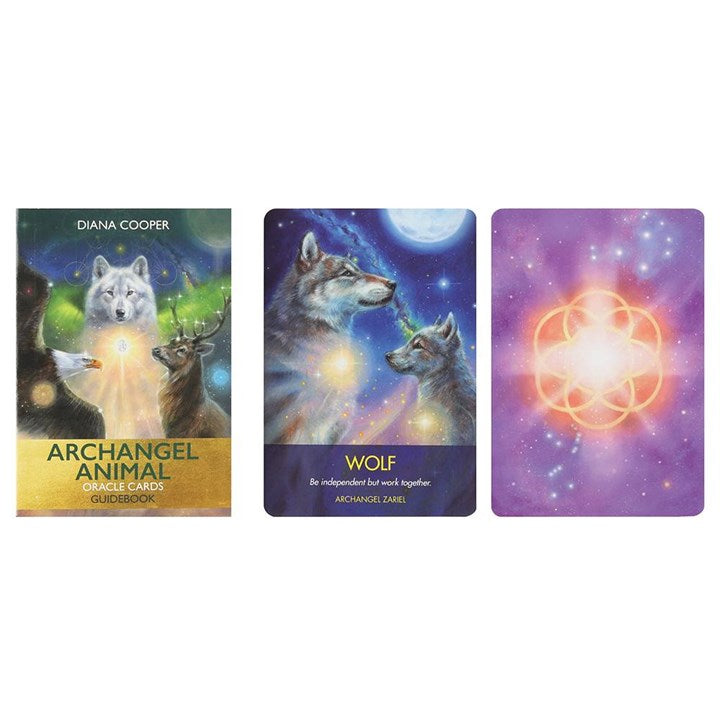An image of the guidebook for "Archangel Animal" oracle cards on a white background, next to two oracle cards. The first says "wolf" and has an image of an adult wolf and a younger wold on a star lit background with a moon. "Be independent but work together" Archangel Zariel. The second is a pink and purple card with a yellow glowing light and sacred geometry in the centre. 