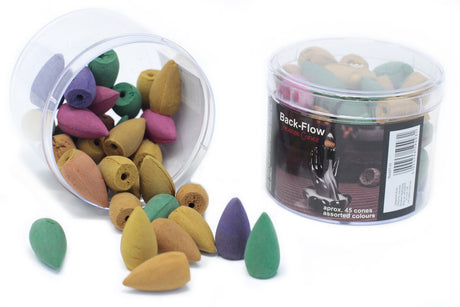 A collection of Back Flow brand unfragranced incense cones in various colours spilling out of a clear plastic container. Some cones are also visible outside of the container.