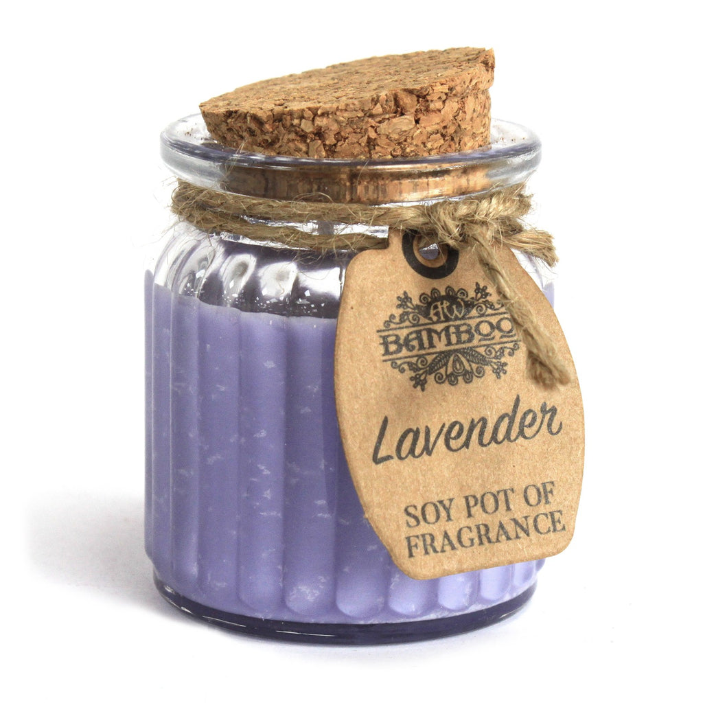 A purple soy candle inside a glass jar with a cork lid, adorned with a brown label that reads 'Lavender SOY POT OF FRAGRANCE' against a white background.