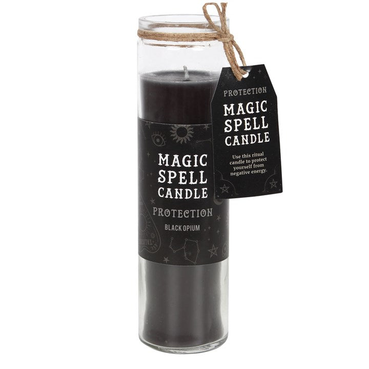 A black tube candle with a label indicating it's a Magic Spell Candle and contains Black Opium for Protection