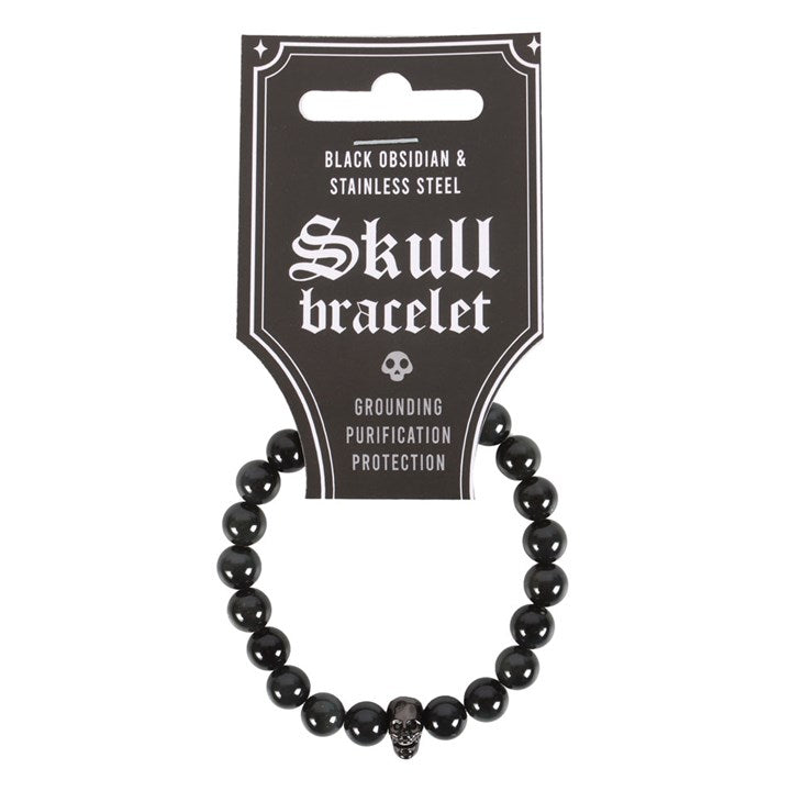 Black Obsidian beaded bracelet and stainless steel skull displayed on a black card with the text 'Skull bracelet' and a skull graphic.