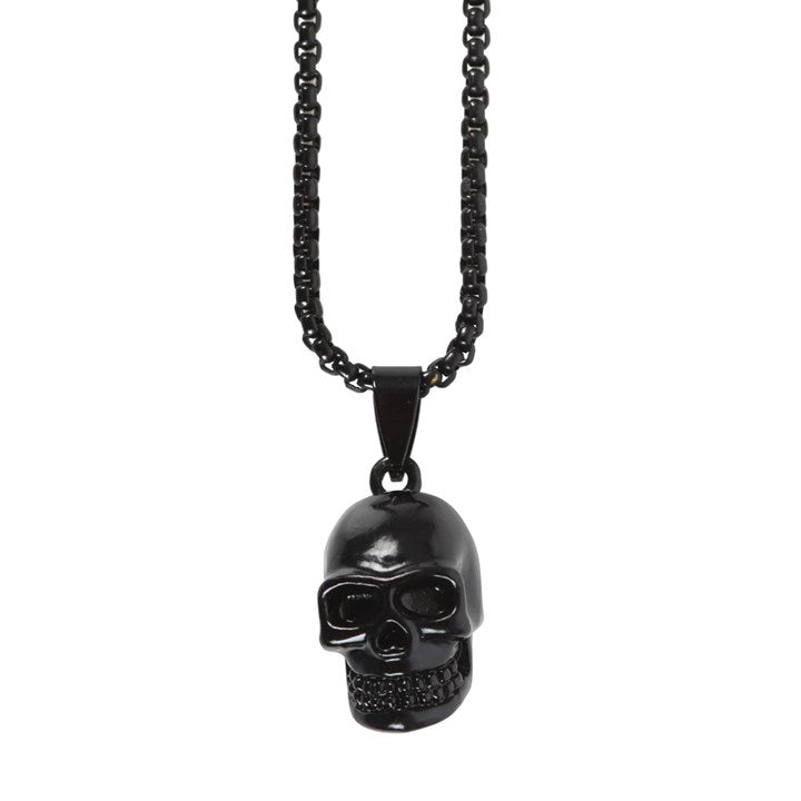 A close up of a black stainless steel skull pendant necklace displayed against a white background