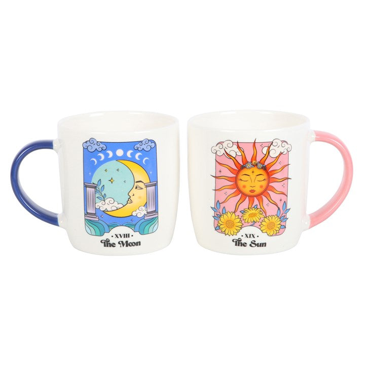 A colourful moon and sun tarot themed mug set against a white background.