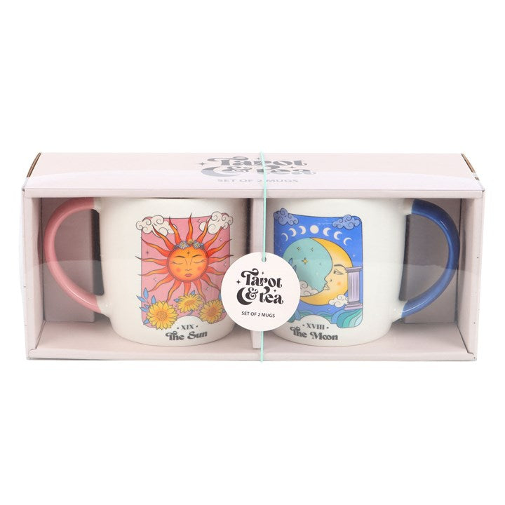 A colourful moon and sun tarot themed mug set boxed.