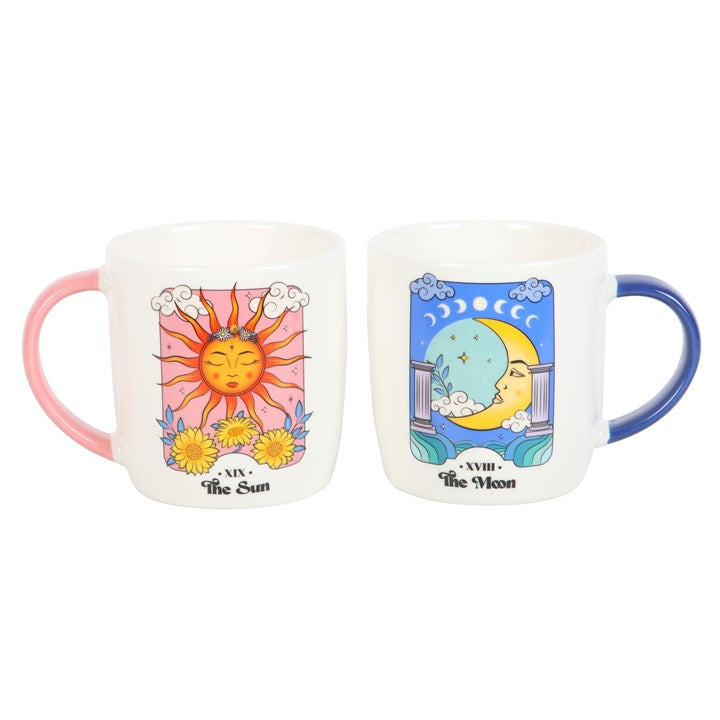 A colourful moon and sun tarot themed mug set against a white background.