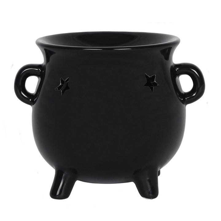 A black cauldron shaped wax burner against a white background