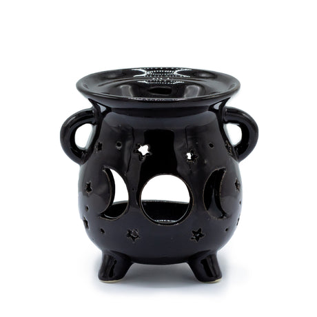 A black oil burner with a cauldron design and cut-out triple moon details.