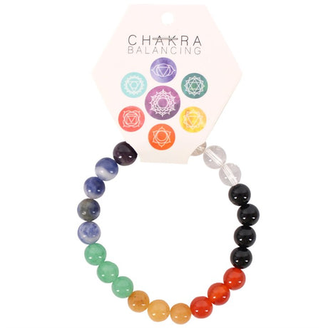 A beaded bracelet with a variety of coloured beads arranged in a pattern corresponding to the seven chakras, displayed alongside a card with chakra symbols.