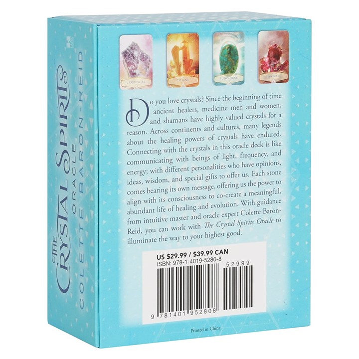 The back of a boxed set of 'The Crystal Spirits Oracle' card deck by Colette Baron-Reid 