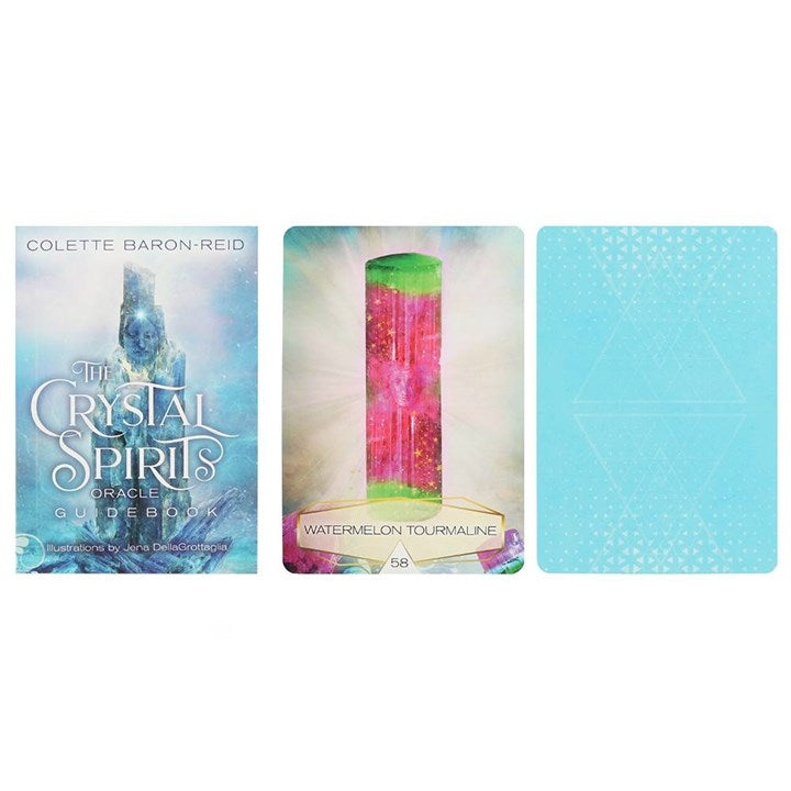 An oracle card guidebook alongside two oracle cards, one features a "Watermelon Tourmaline" card and another is pale blue