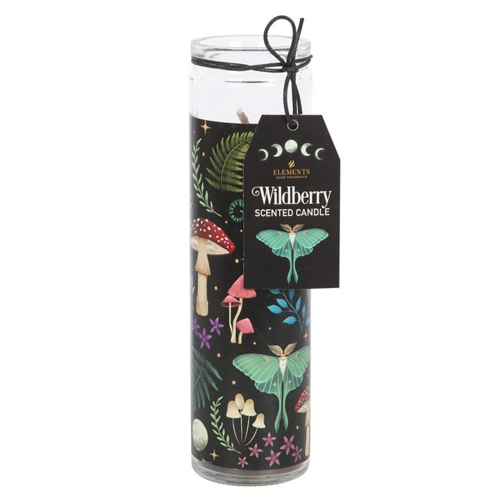 A tube candle with a label 'Wildberry Scented Candle' and an illustration of mushrooms and leaves. 