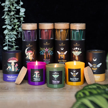 A collection of colourful candles from the Dark Forest candle range, each with different designs and placed in front of their respective packaging tubes. The candles are in various sizes, with some wearing decorative toppers, and are displayed on a wooden surface with greenery in the background.