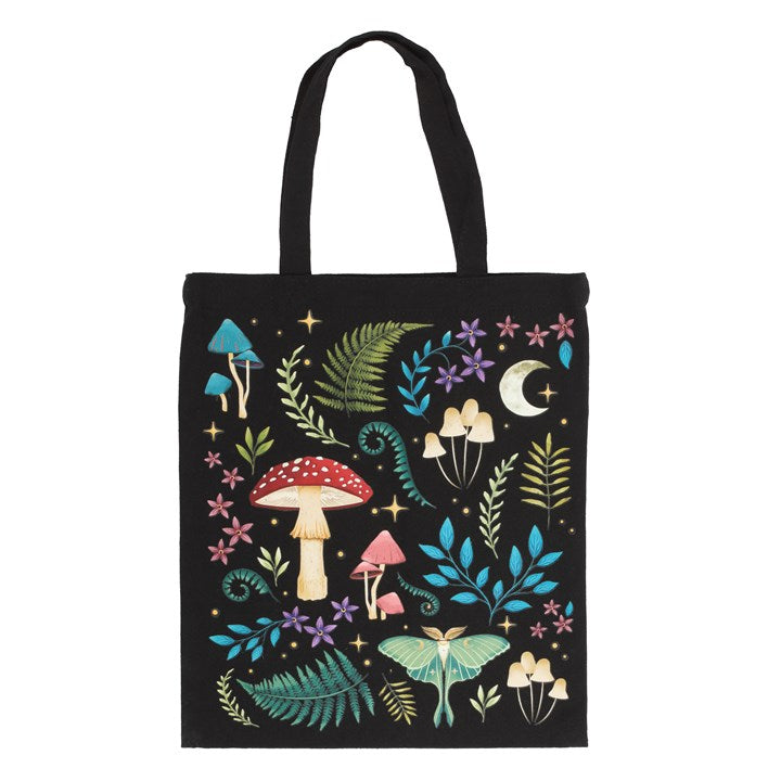 A black cotton tote bag with a mystical dark forest mushroom design