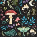 A black cotton tote bag with a mystical dark forest mushroom design