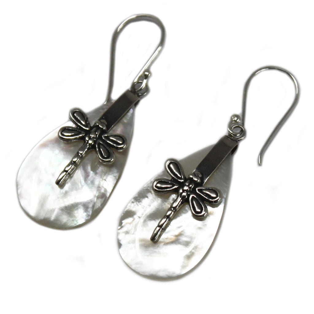 Pair of silver earrings with dragonfly designs on a white background