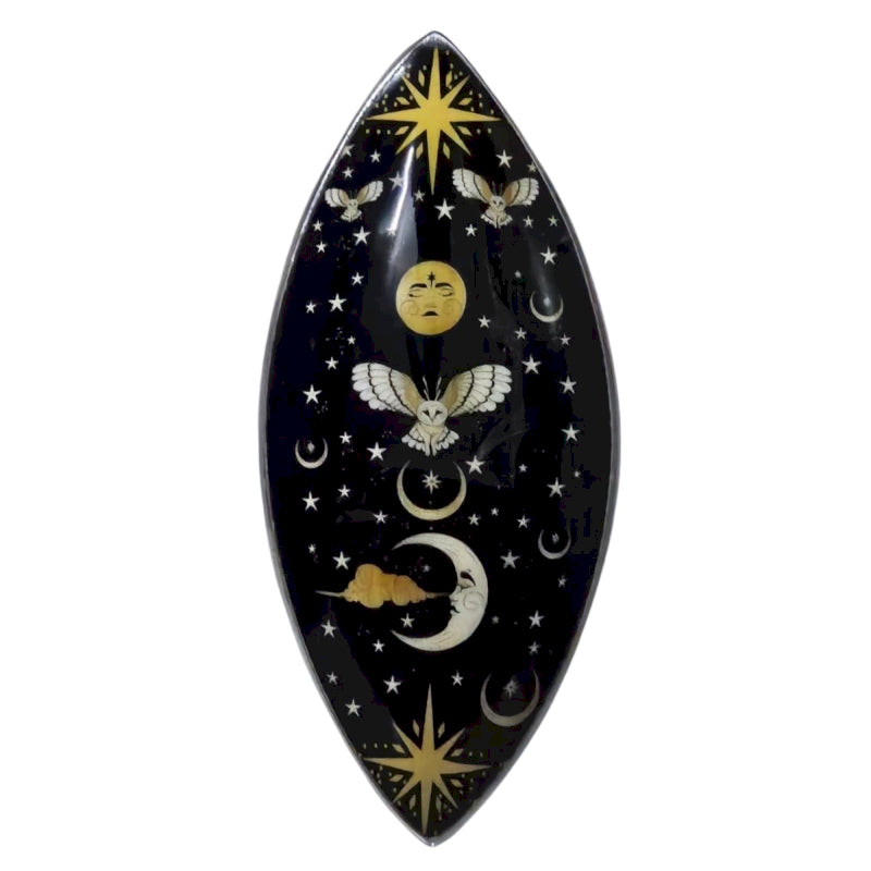 Decorative black incense bowl with celestial design featuring stars, moons, and owls on a white background.