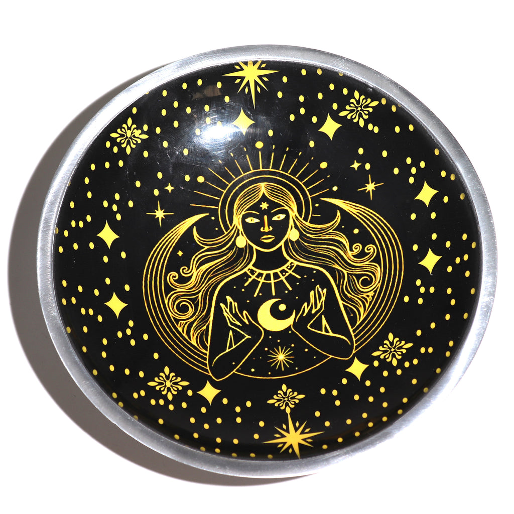 Decorative circular offering plate with celestial golden design featuring a goddess, moon, and stars on a black bowl with a white background