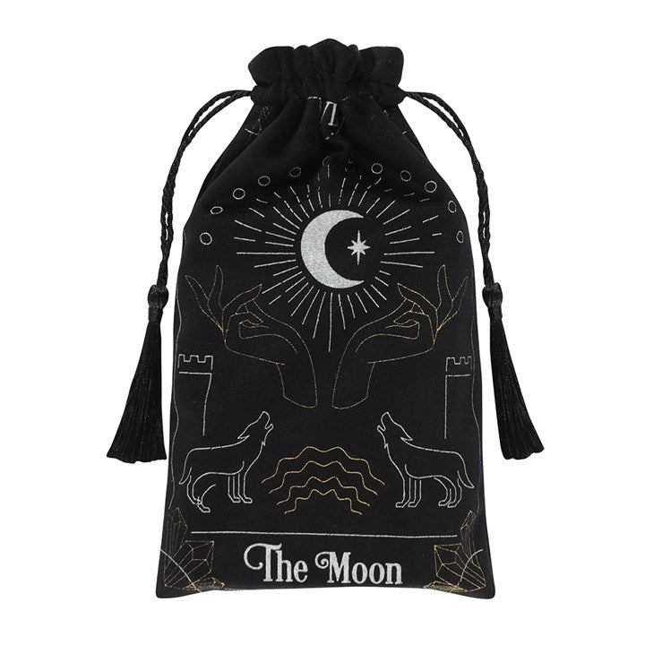 A black silky looking bag with tassels; it has "The Moon" in white font and is decorated with pictures of wolves, castles, hands and the moon