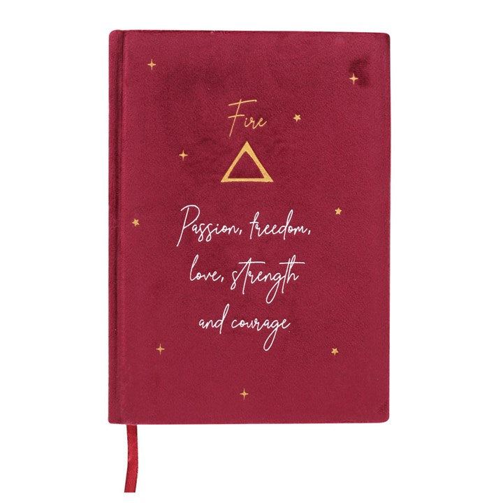 A red A5 "Fire" notebook with gold and silver detail