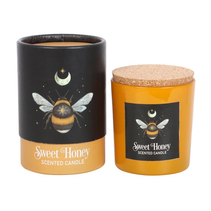 Sweet Honey Scented candle, shown next to its box; both decorated with a bee motif