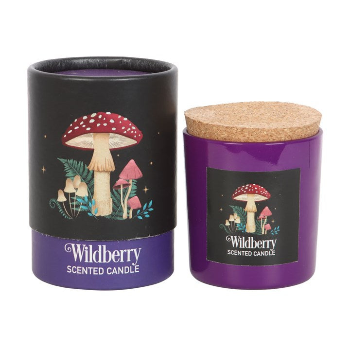 Wildberry Scented candle, shown next to its box; both decorated with a mushroom motif 