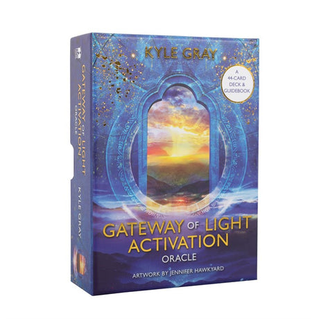 A boxed set of 'Gateway of Light Activation Oracle Cards' by Kyle Gray with a blue and gold design on the cover, indicating 44 cards and a guidebook.