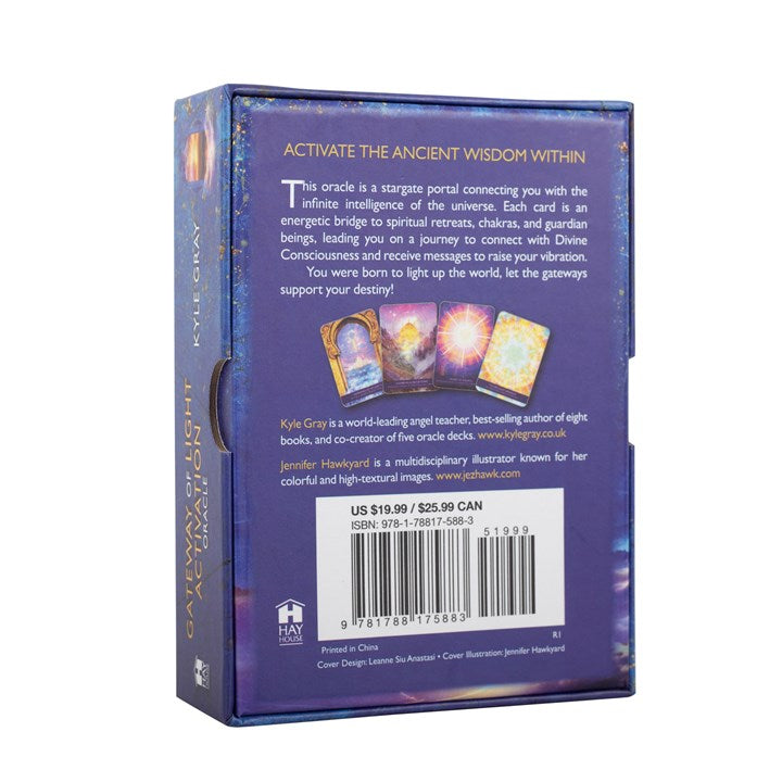 The back of a boxed set of 'Gateway of Light Activation Oracle Cards' by Kyle Gray with a blue and gold design on the cover