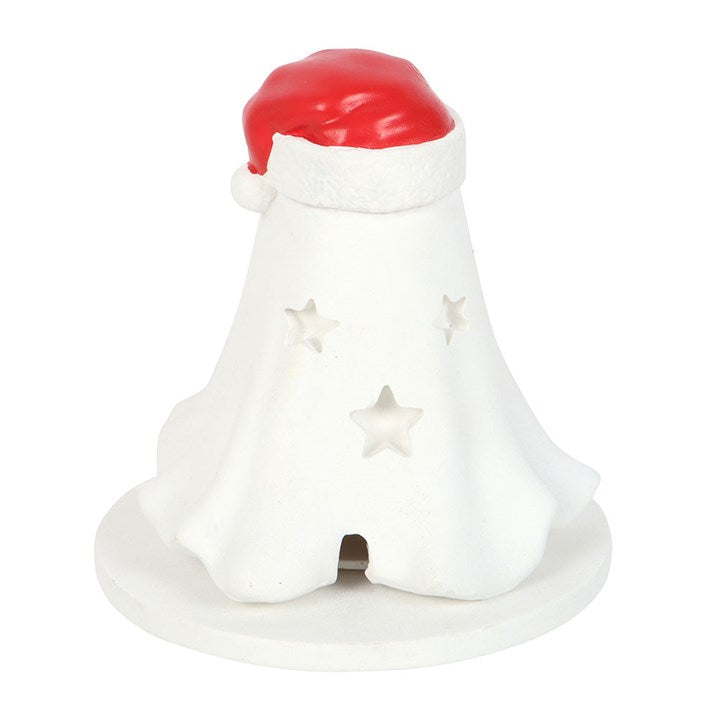 White ghost incense holder from the back with a red santa top on a white background