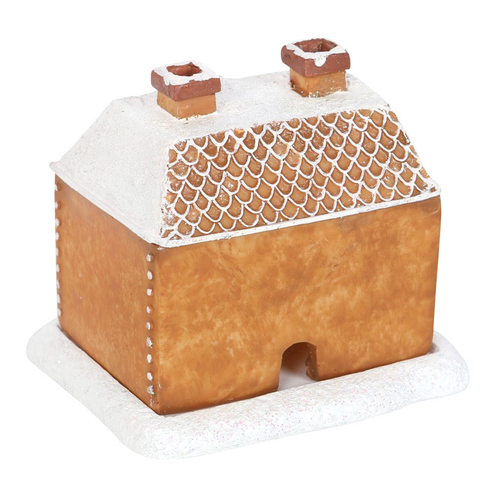 A gingerbread house-shaped incense cone burner and decorative details, shown from behind.