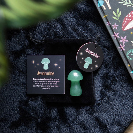 A green Aventurine mushroom crystal placed on a dark fabric, with a drawstring bag and a card that has 'Aventurine' text next to it.