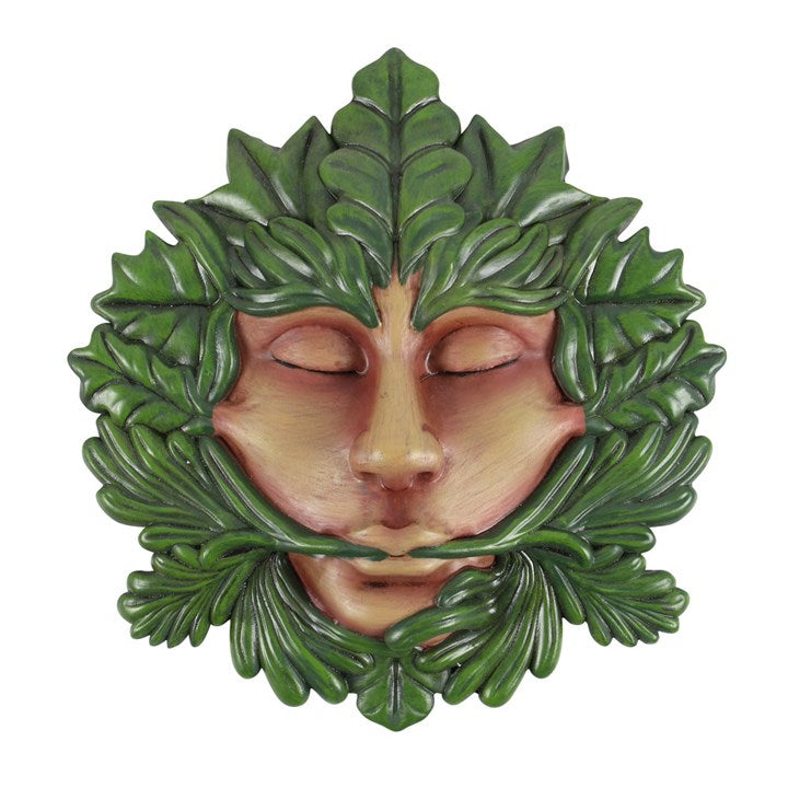 A "Green Goddess" green man themed plaque on a white background