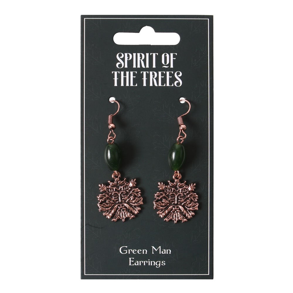 A pair of green man themed green glass bead earrings with bronze-coloured stainless steel hooks, displayed on a cardboard tag